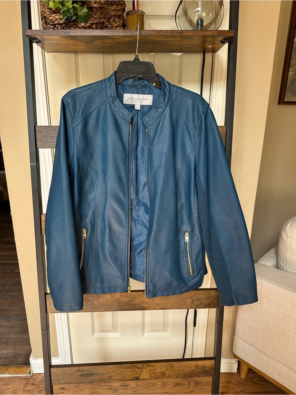 Marc New York by Andrew Marc Teal Blue Faux Leather Moto Jacket XL Gold Zip